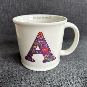 Floral “A” Initial “Love the Moment” Mug, White, Purple, Colorful, 12 oz
